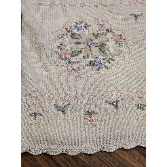 Vtg Shenanigans Floral Embroidered Button Up Sweater Crochet Trim Cottagecore L - Picture 3 of 9